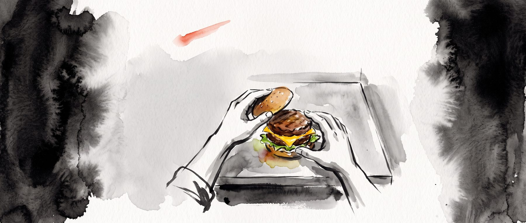 Hands building a burger, painted in ink wash