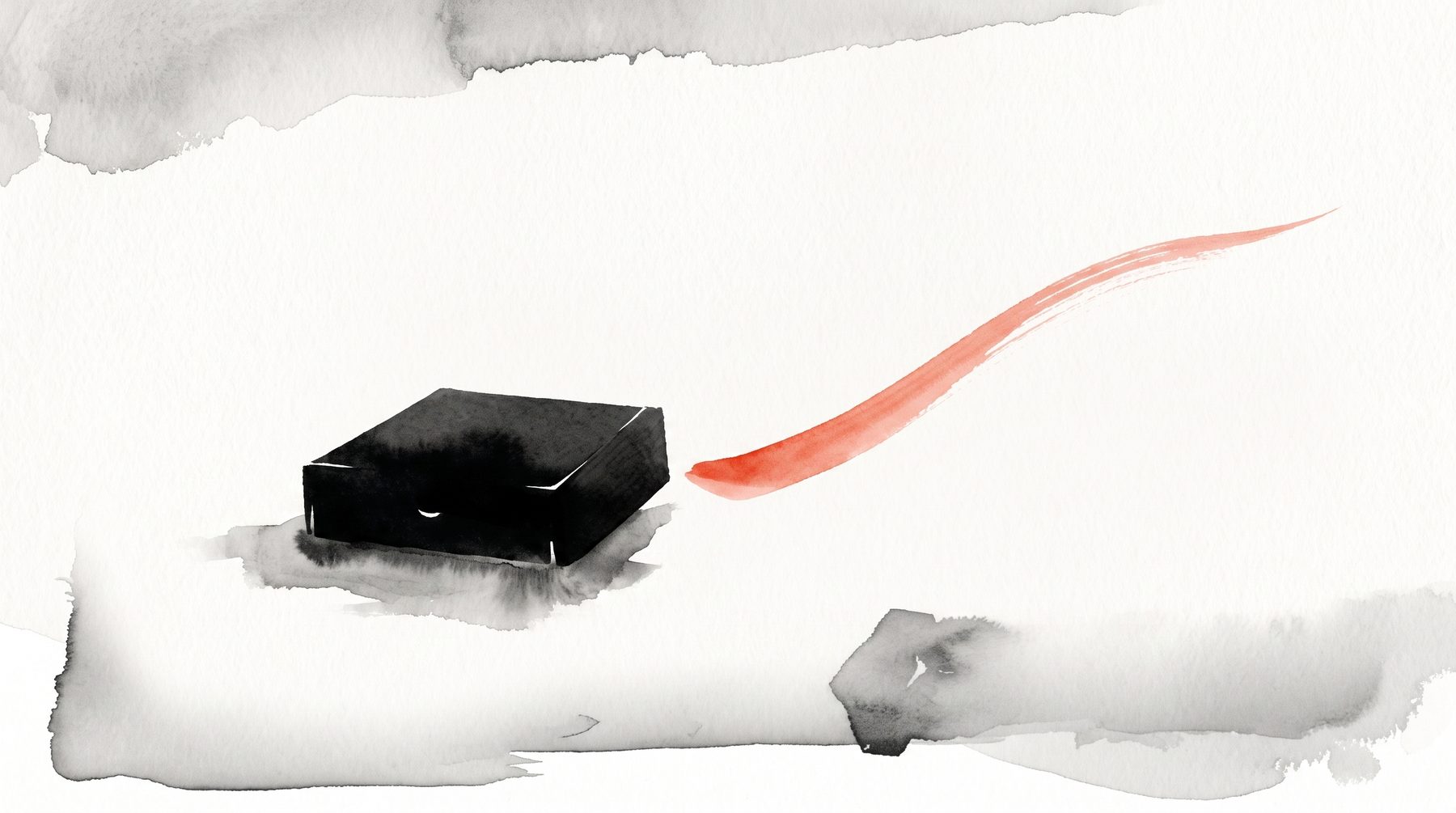 A single munch box with a red brush streak, in ink wash