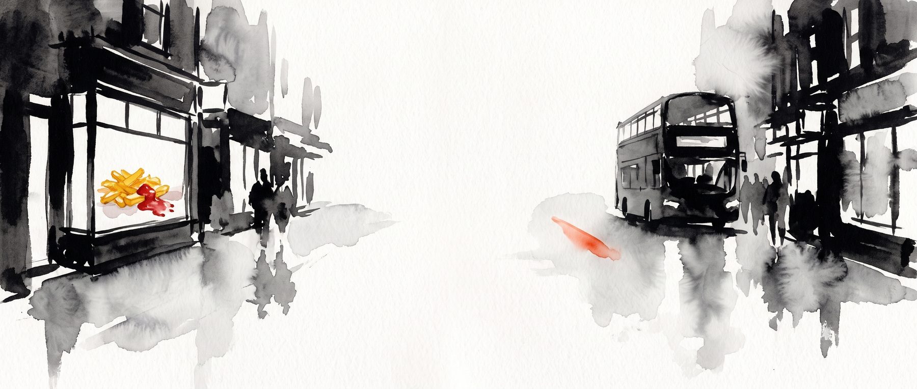 A British high street at night, painted in ink wash