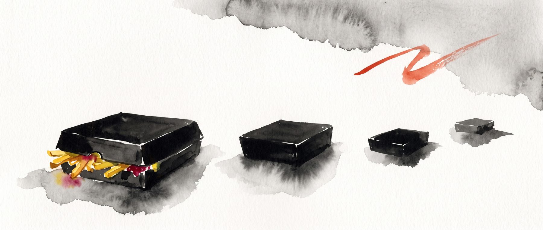 A row of chequered munch boxes in ink wash