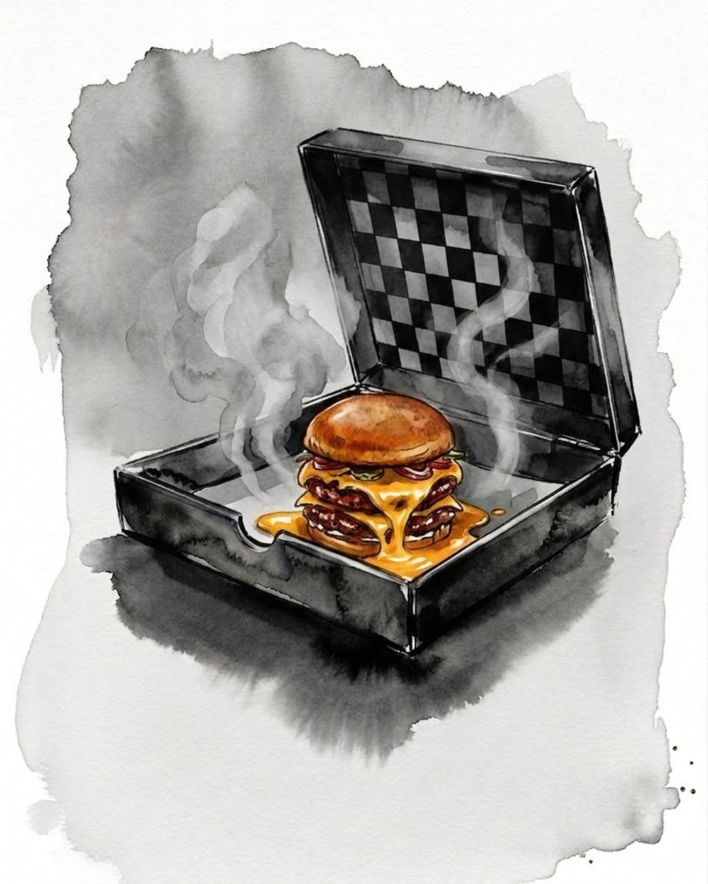 The box open, a burger inside with cheese pouring over the edge