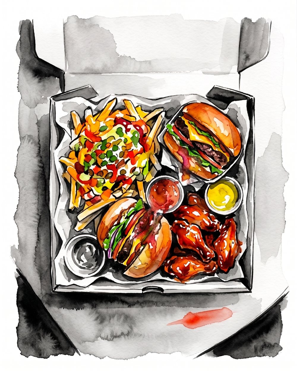 An open box packed with fries, wings, burgers and dipping sauces